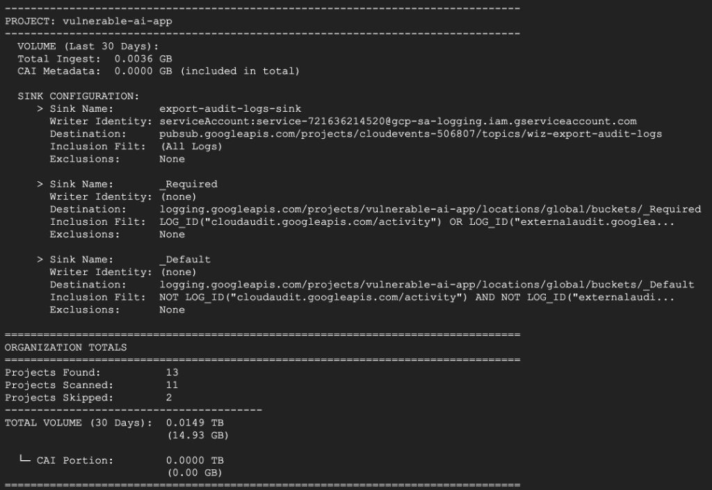 Example terminal output of the GCP SecOps Data Logging Ingest script showing project volume, sink configurations, and organization totals