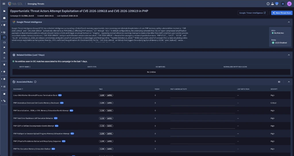 Google SecOps Emerging Threats view for GLOBAL.26.015 showing 23/23 enabled curated detection rules for CVE-2026-109618 and CVE-2026-109619
