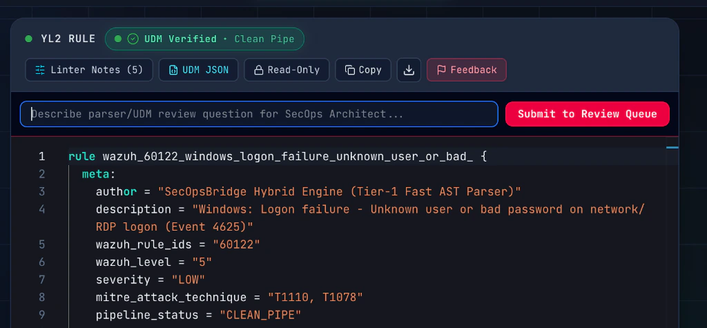 SecOpsBridge rule feedback option allowing users to submit rules to the review queue for manual architect review