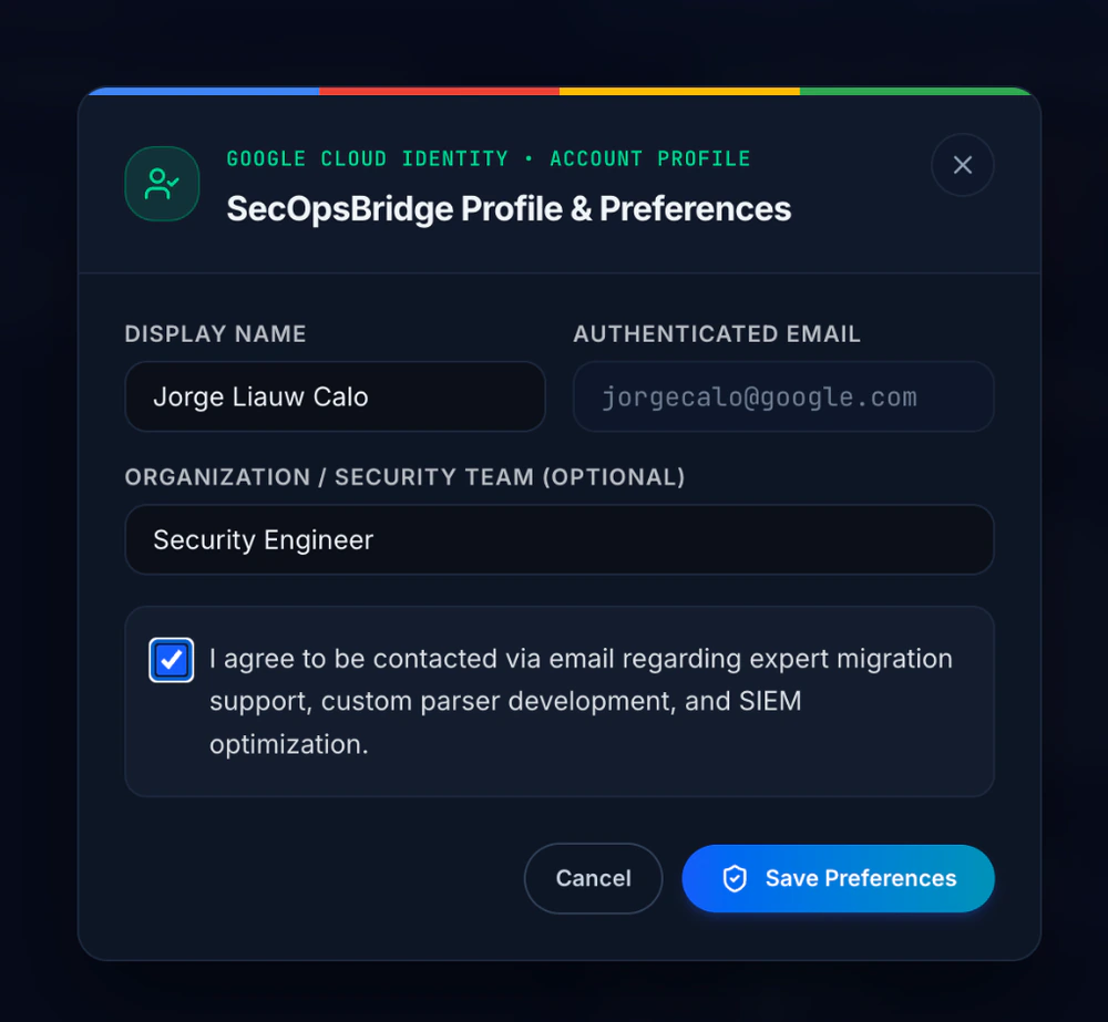 SecOpsBridge Profile and Preferences modal after signing in with Google